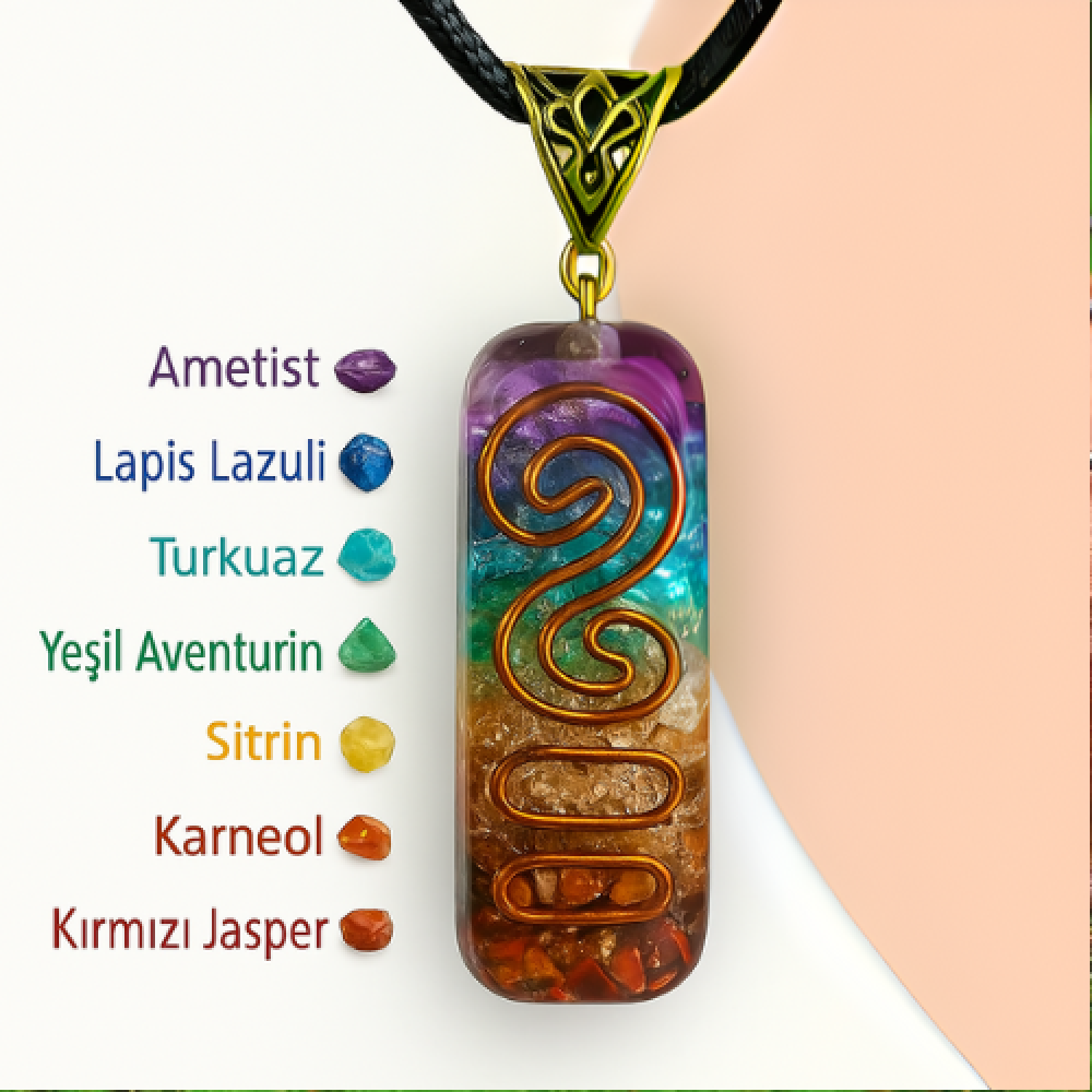 7 Çakra, 7 Taşlı Organit, Bakır Alaşım Kolye