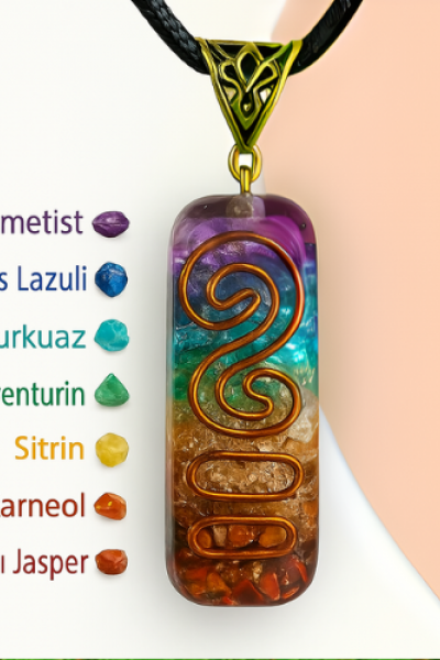 7 Çakra, 7 Taşlı Organit, Bakır Alaşım Kolye