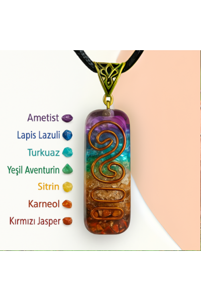 7 Çakra, 7 Taşlı Organit, Bakır Alaşım Kolye