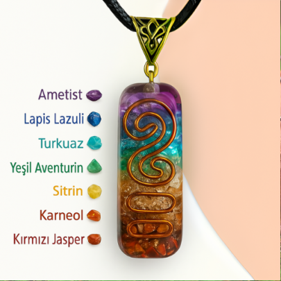7 Çakra, 7 Taşlı Organit, Bakır Alaşım Kolye
