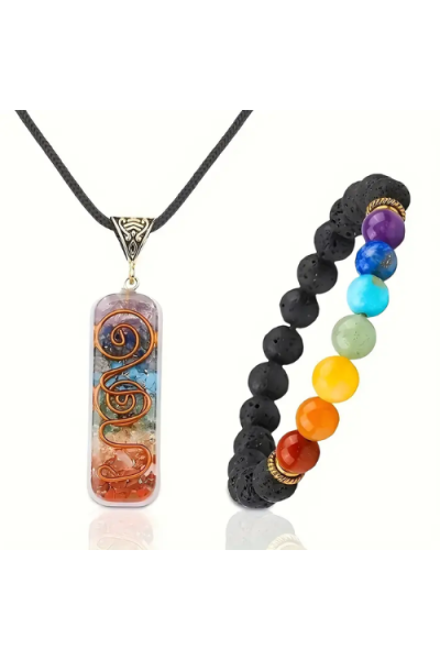 İkili Set, Kolye ve Bileklik, 7 Çakra,7 Taşlı Organit,Bakır Alaşım Kolye