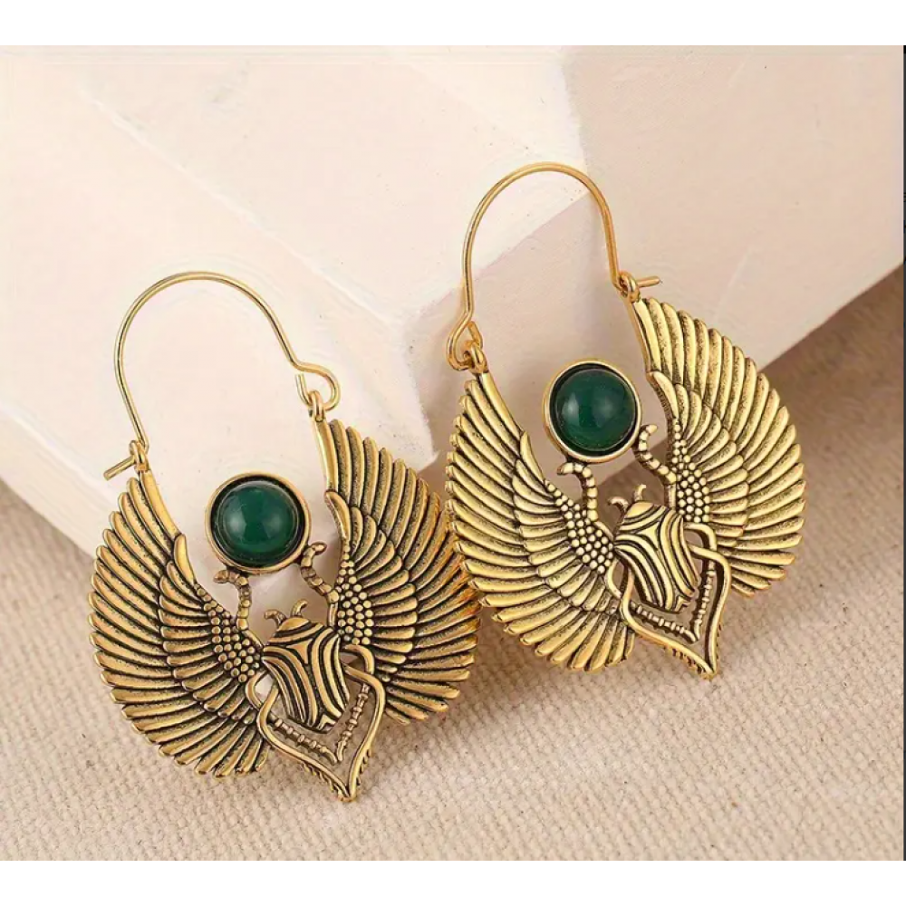 Mısır İlhamlı Kutsal Kanatlar Skarabe Halka Küpeler