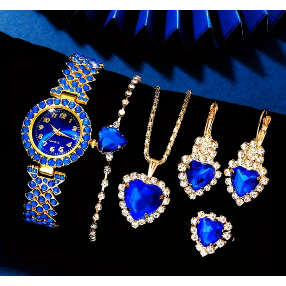 6 Parça Yeni Şık Kadınlar İçin Kuvars Taş Görünümlü Saat ve Lüks Kalp Kolye Takımı