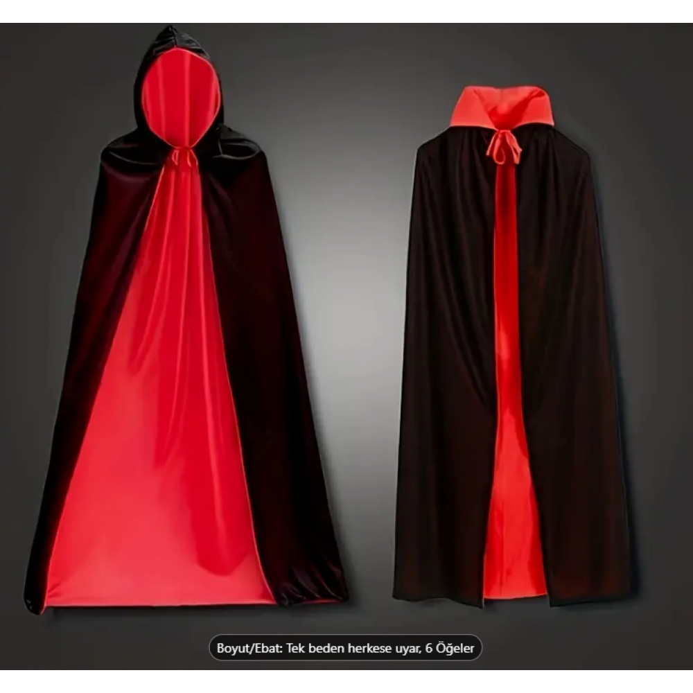 Siyah - Kırmızı Pelerin – Stand Yaka Kapüşonlu Kostüm