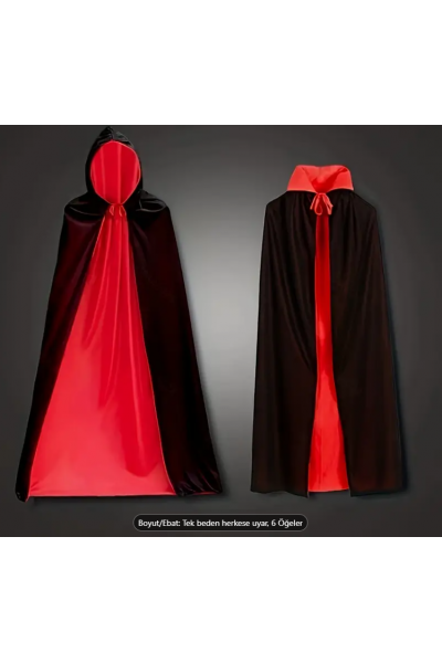 Siyah - Kırmızı Pelerin – Stand Yaka Kapüşonlu Kostüm