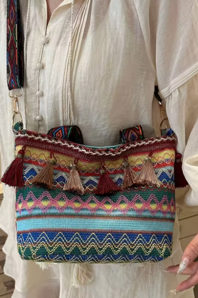 Çanta Dokuma Püsküllü, Nakışlı ve Ayarlanabilir Boho Tarzı