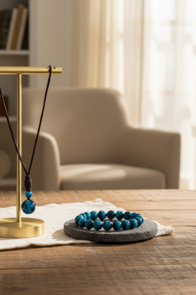 Bohem Tarzı Mavi Aslan Gözü Boncuklu Kolye ve Bileklik Seti 