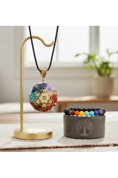 2 Parça 7 Çakra Renkleri Reçine Kolye ve Boncuklu Bileklik Seti 