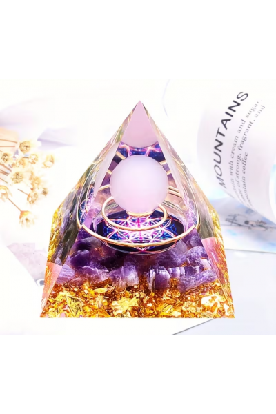 Pembe Kuvars & Ametist Orgonit Piramit - 5 cm 