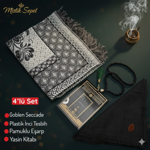 4'lü Ekonomık Set Goblen Seccade-Plastik İnci Tesbih-Yasin Kitabı-Pamuklu Eşarp