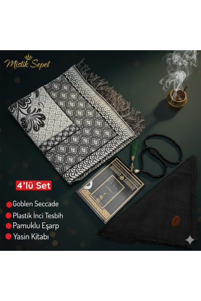 4'lü Ekonomık Set Goblen Seccade-Plastik İnci Tesbih-Yasin Kitabı-Pamuklu Eşarp 4'lü Ekonomık Set Goblen Seccade-Plastik İnci Tesbih-Yasin Kitabı-Pamuklu Eşarp