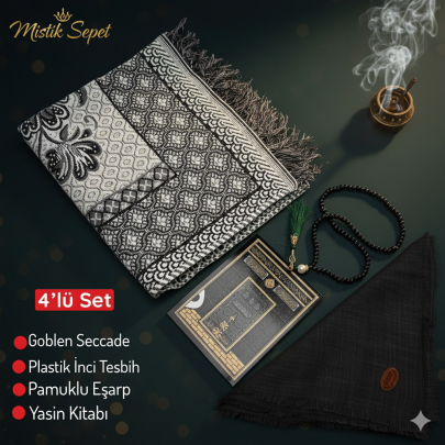 4'lü Ekonomık Set Goblen Seccade-Plastik İnci Tesbih-Yasin Kitabı-Pamuklu Eşarp 4'lü Ekonomık Set Goblen Seccade-Plastik İnci Tesbih-Yasin Kitabı-Pamuklu Eşarp