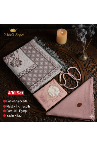 4'lü Ekonomık Set Goblen Seccade-Plastik İnci Tesbih-Yasin Kitabı-Pamuklu Eşarp