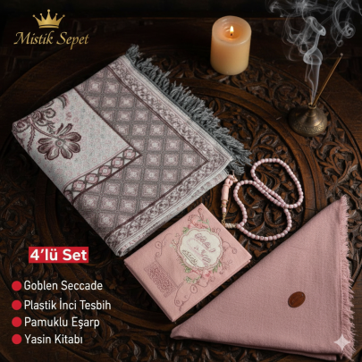 4'lü Ekonomık Set Goblen Seccade-Plastik İnci Tesbih-Yasin Kitabı-Pamuklu Eşarp 4'lü Ekonomık Set Goblen Seccade-Plastik İnci Tesbih-Yasin Kitabı-Pamuklu Eşarp