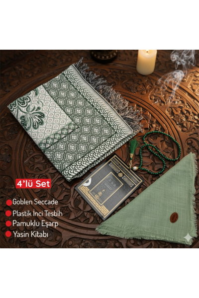 4'lü Ekonomık Set Goblen Seccade-Plastik İnci Tesbih-Yasin Kitabı-Pamuklu Eşarp 4'lü Ekonomık Set Goblen Seccade-Plastik İnci Tesbih-Yasin Kitabı-Pamuklu Eşarp