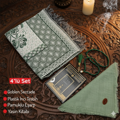 4'lü Ekonomık Set Goblen Seccade-Plastik İnci Tesbih-Yasin Kitabı-Pamuklu Eşarp 4'lü Ekonomık Set Goblen Seccade-Plastik İnci Tesbih-Yasin Kitabı-Pamuklu Eşarp