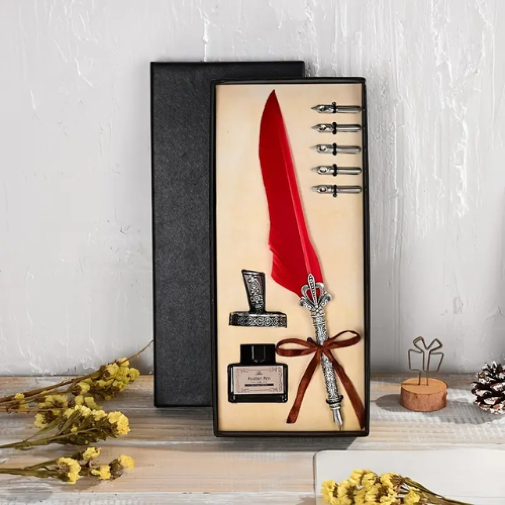 Kırmızı Tüylü Vintage Tüy Kalem Hediye Seti, Mürekkep  ve 5 Yedek Uçlu