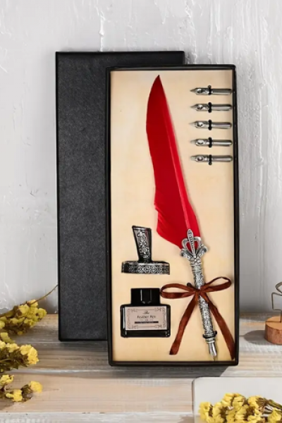 Kırmızı Tüylü Vintage Tüy Kalem Hediye Seti, Mürekkep  ve 5 Yedek Uçlu