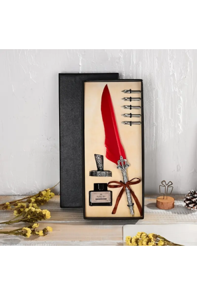 Kırmızı Tüylü Vintage Tüy Kalem Hediye Seti, Mürekkep  ve 5 Yedek Uçlu