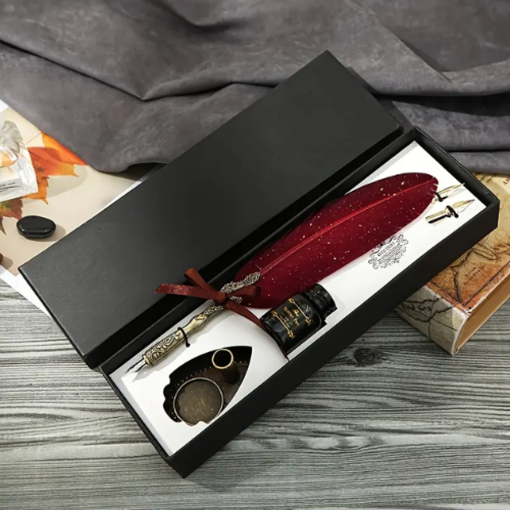 Bordo Tüylü Vintage Tüy Kalem Hediye Seti,Mürekkep ve 2 Yedek Uçlu