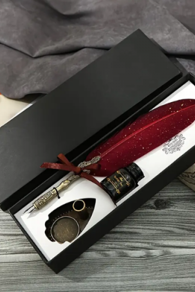 Bordo Tüylü Vintage Tüy Kalem Hediye Seti,Mürekkep ve 2 Yedek Uçlu