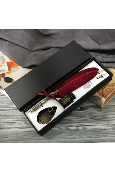 Bordo Tüylü Vintage Tüy Kalem Hediye Seti,Mürekkep ve 2 Yedek Uçlu