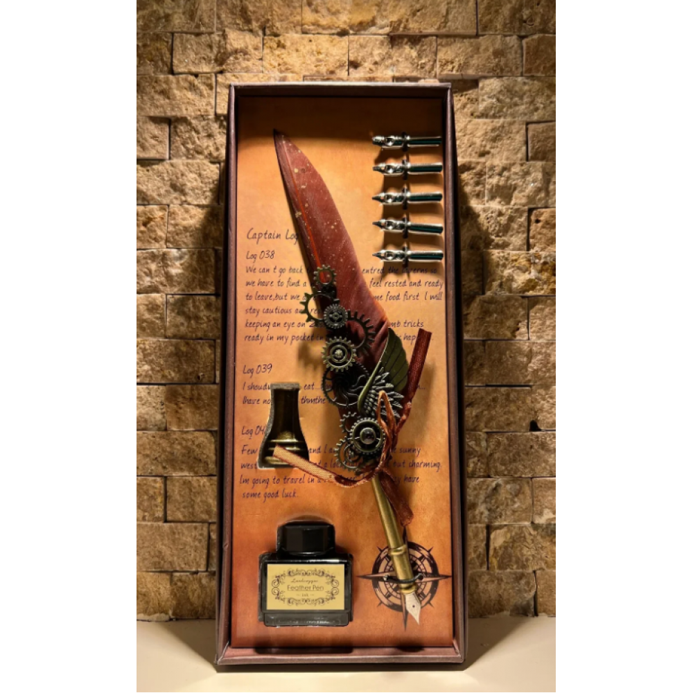 Tüylü Divit Kalem + 5 Uç + Mürekkep + Hokka Özel Kutulu Set