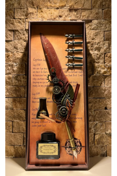 Tüylü Divit Kalem + 5 Uç + Mürekkep + Hokka Özel Kutulu Set