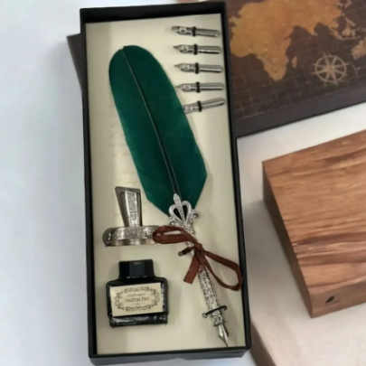 Tüylü Divit Kalem + 5 Uç + Mürekkep + Hokka Özel Kutulu Set