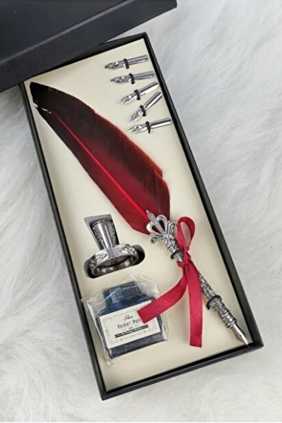 Bordo Tüylü Vintage Tüy Kalem Hediye Seti