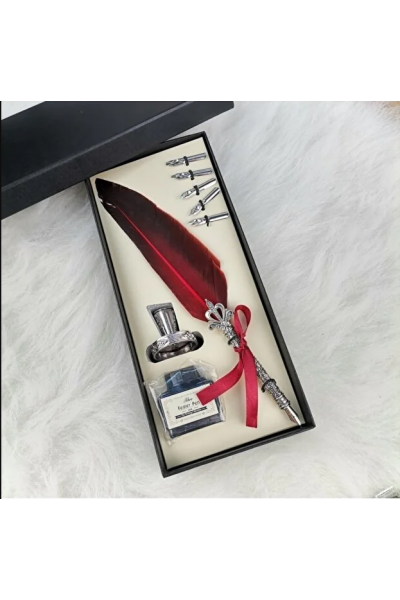 Bordo Tüylü Vintage Tüy Kalem Hediye Seti