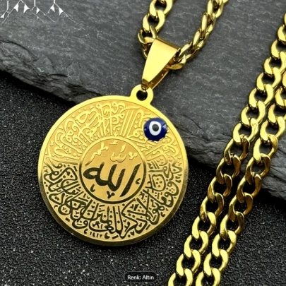Kolye Allah ve Ayetel Kürsi Yazılı Altın Rengi  Manevi Koruyucu