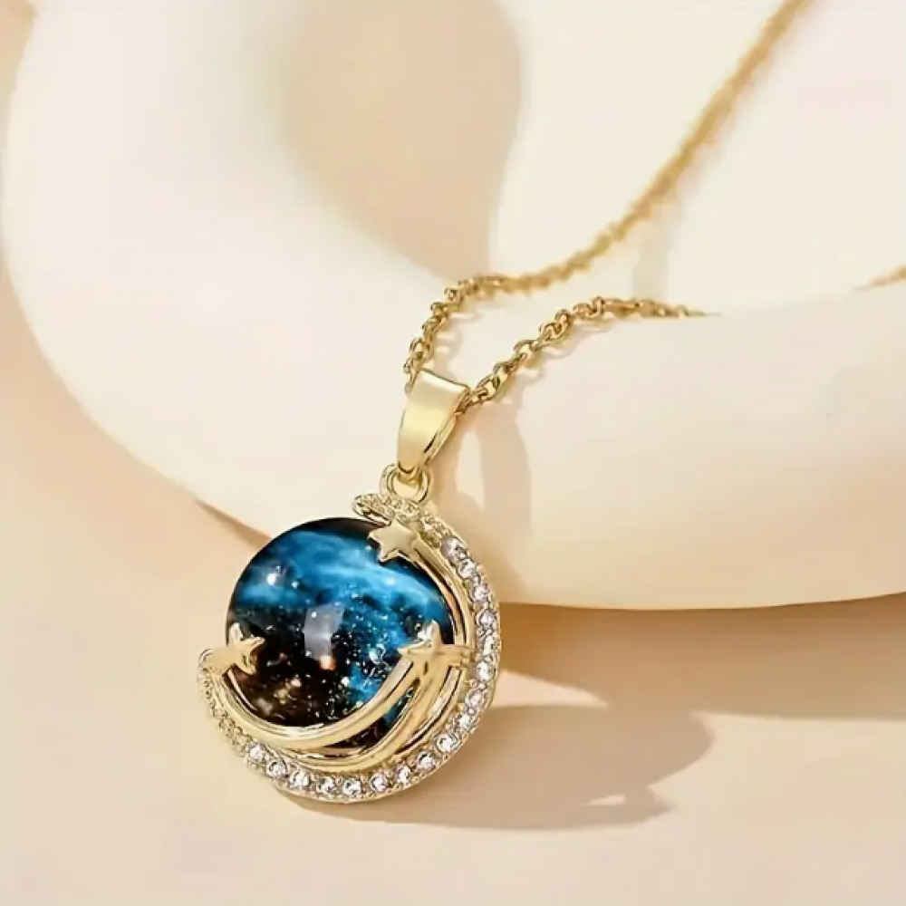 Büyüleyici Mavi Galaksi Gezegen Ay Yıldız Kolye