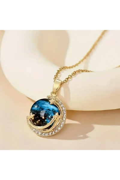 Büyüleyici Mavi Galaksi Gezegen Ay Yıldız Kolye
