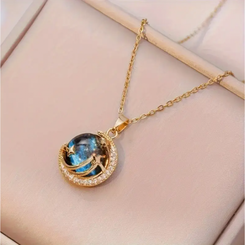 Büyüleyici Mavi Galaksi Gezegen Ay Yıldız Kolye