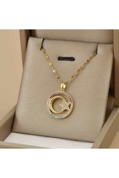 Ay ve Yıldız Lüks Taşlı Süslemeli Zirkonyum Kaplama Kolye