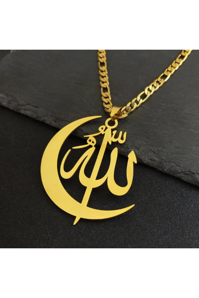 Hilal - Allah Yazılı Altın Sarısı Paslanmaz Çelik Kolye