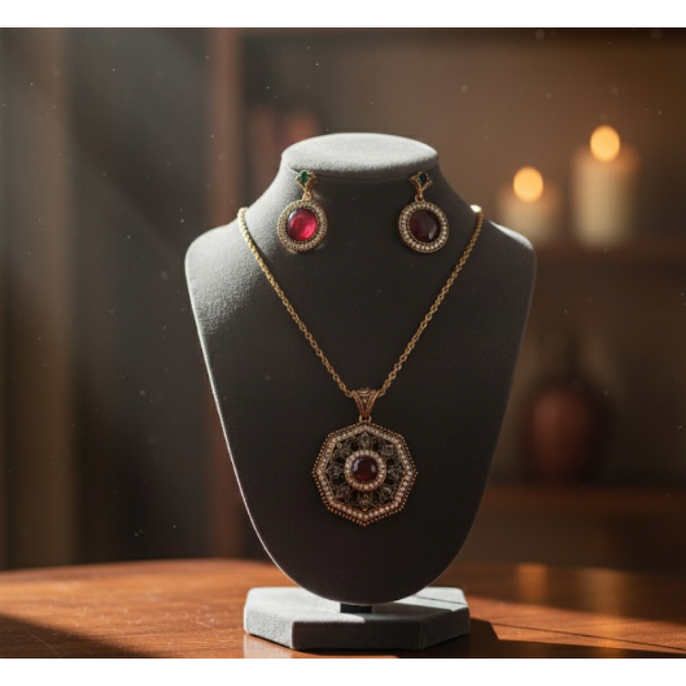 Egzotik Anadolu Desen Kolye ve Küpe Seti Bordo