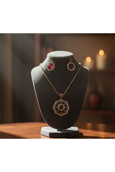 Egzotik Anadolu Desen Kolye ve Küpe Seti Bordo