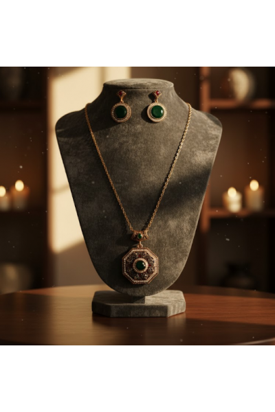 Egzotik Anadolu Desen Kolye ve Küpe Seti Yeşil