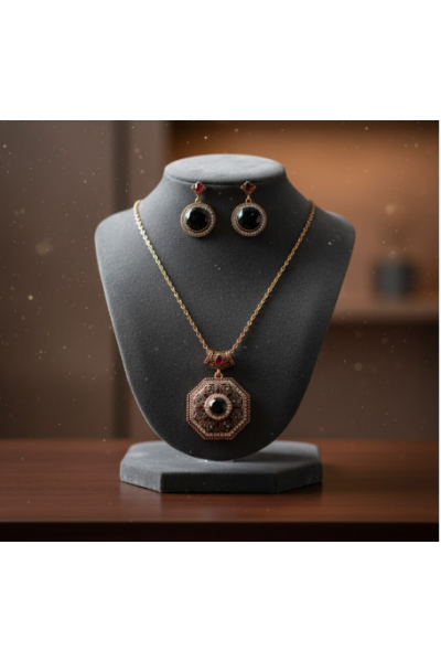 Egzotik Anadolu Desen Kolye ve Küpe Seti Siyah