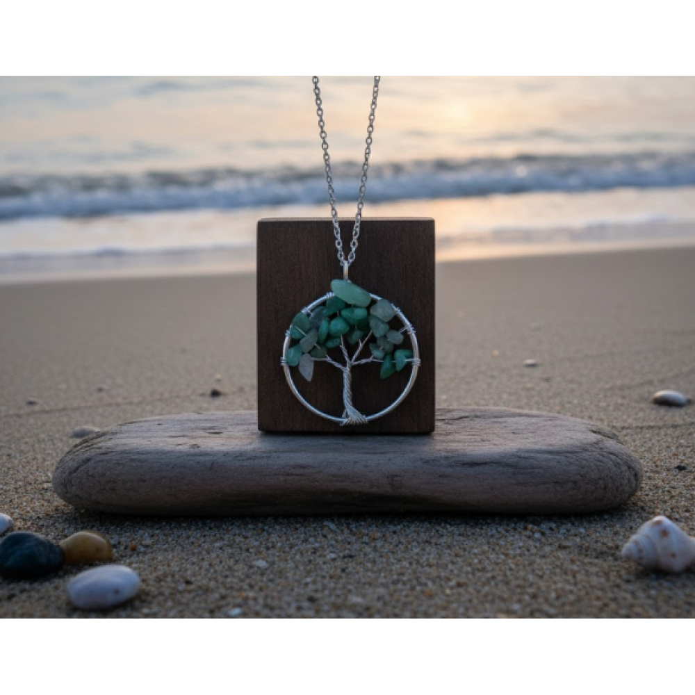 Aventurin Doğal Kırık Taşlar El Dokuma Yaşam Ağacı Kristal Kolye