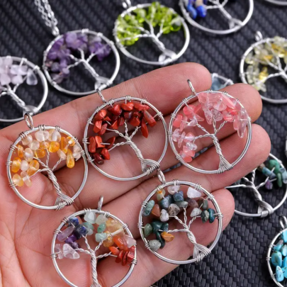  Aventurin Doğal Kırık Taşlar El Dokuma Yaşam Ağacı Kristal Kolye
