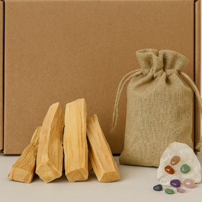 Palo Santo Tütsü Seti – 4 Adet Palo Santo Çubuğu ve Doğal Kristal Taşlar