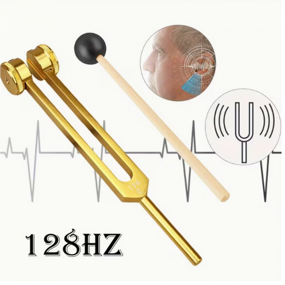 128 Hz Premium Alüminyum Altın Akort Çatalı ve Çakra Topu Seti 